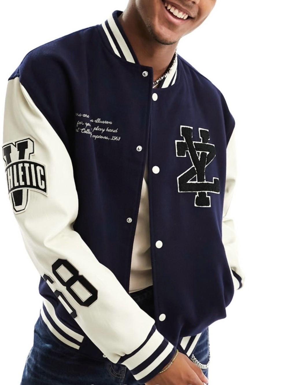 ASOS DESIGN NWOT oversized varsity bomber jacket navy with faux leather sleeves